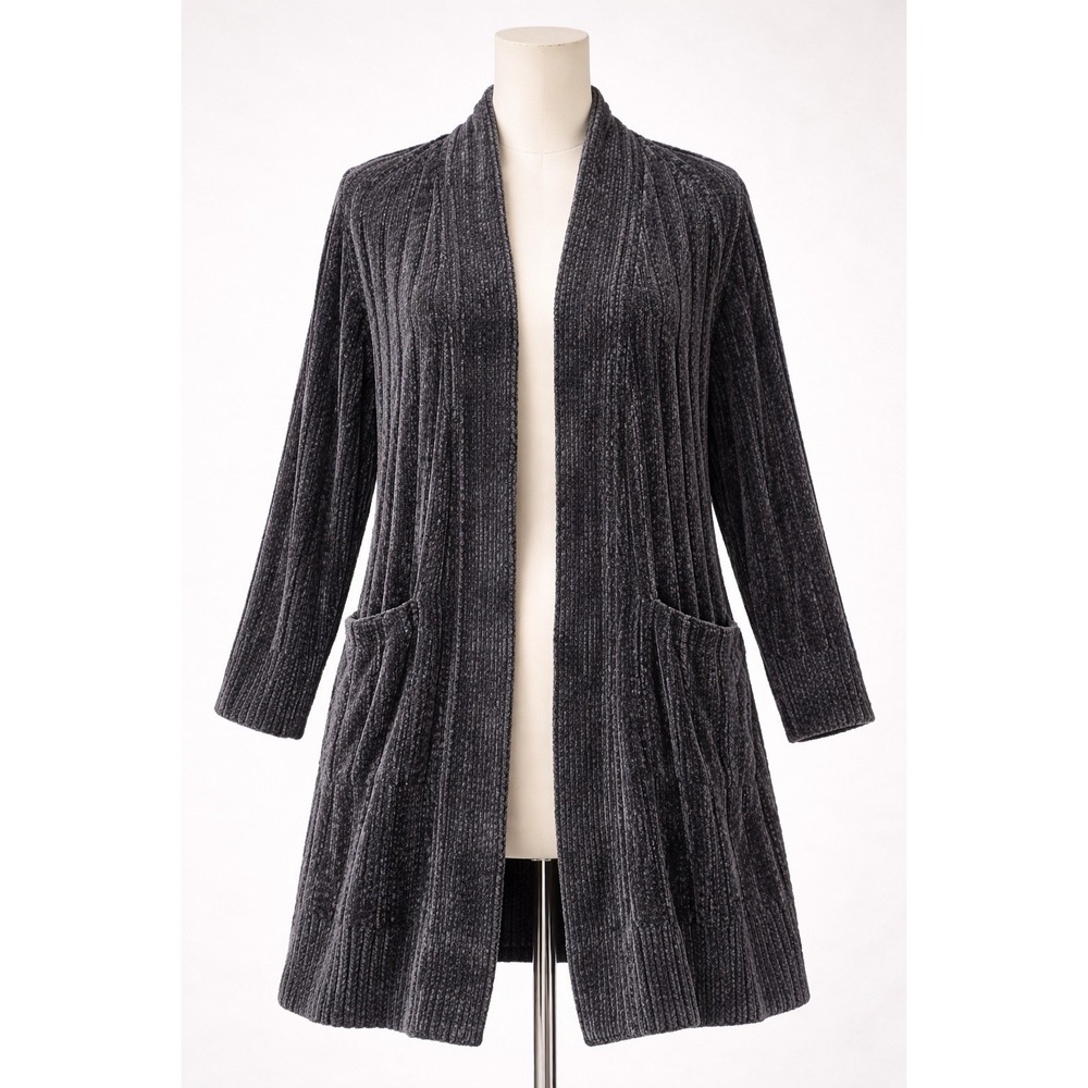 Gianni Bini Gray‎ Chenille Ribbed Open Front Longline Cardigan Sweater Small